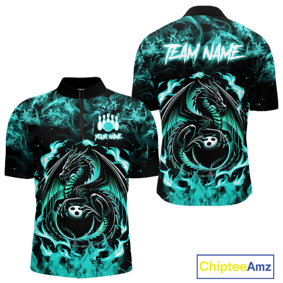 Black And Teal Flaming Dragon Bowling Jersey Custom Bowling League Team Shirts