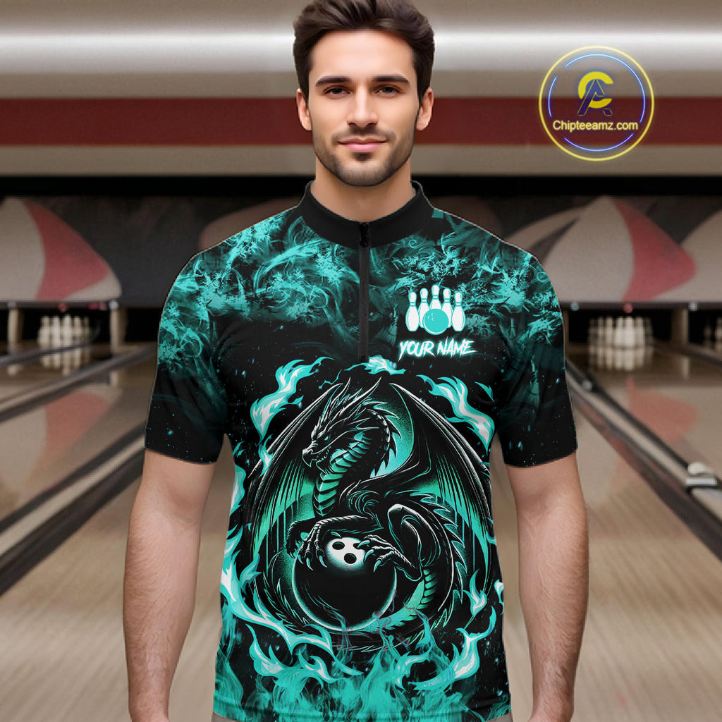Black And Teal Flaming Dragon Bowling Jersey Custom Bowling League Team Shirts