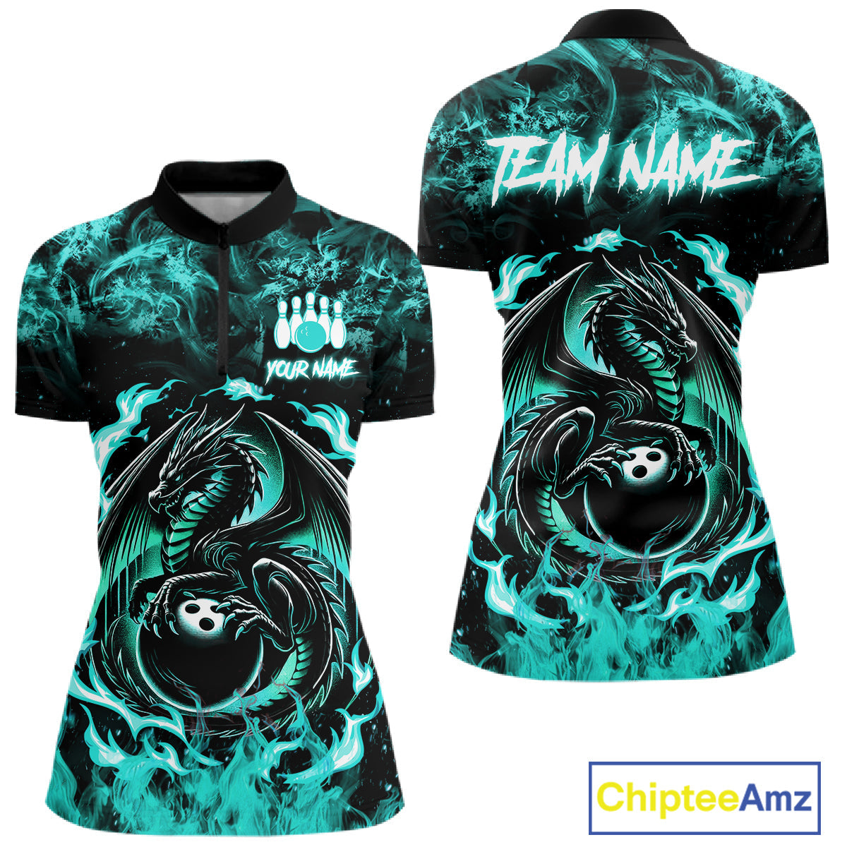 Black And Teal Flaming Dragon Bowling Jersey Custom Bowling League Team Shirts