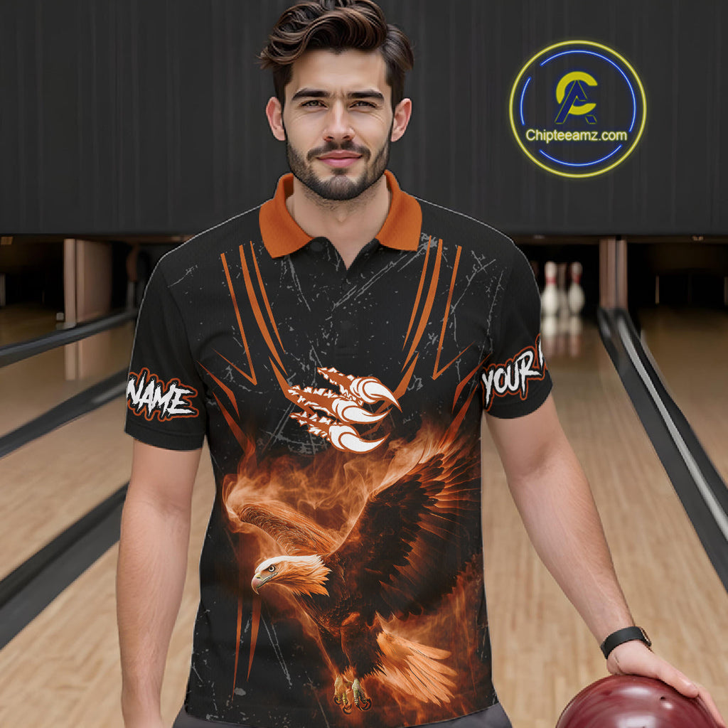 Personalized Black And Orange Flame Eagle Bowling Shirt Custom Bowling League Team Jersey