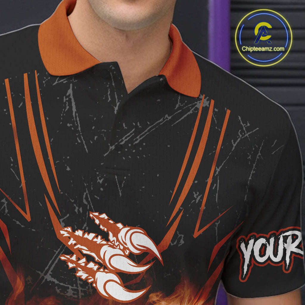 Personalized Black And Orange Flame Eagle Bowling Shirt Custom Bowling League Team Jersey
