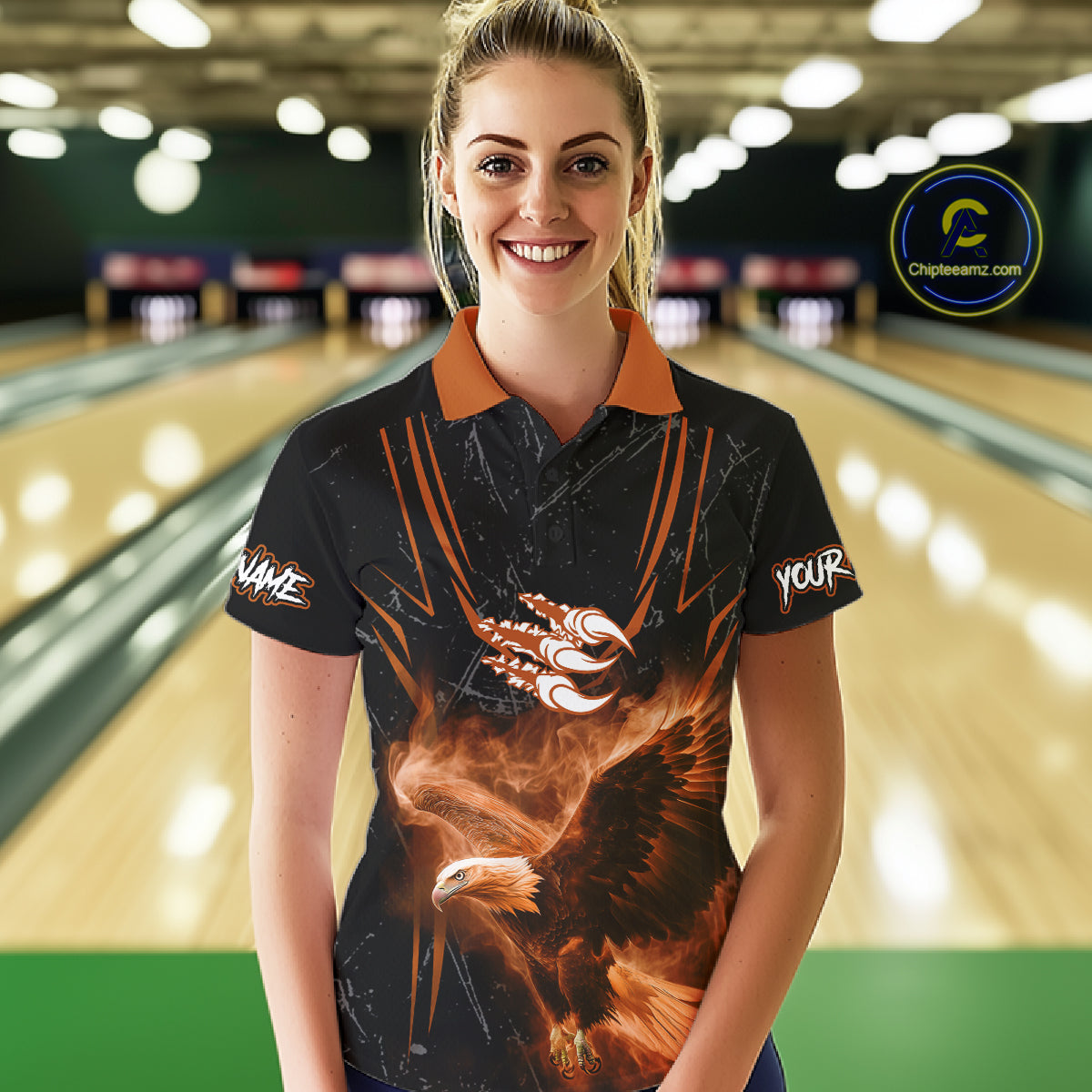 Personalized Black And Orange Flame Eagle Bowling Shirt Custom Bowling League Team Jersey