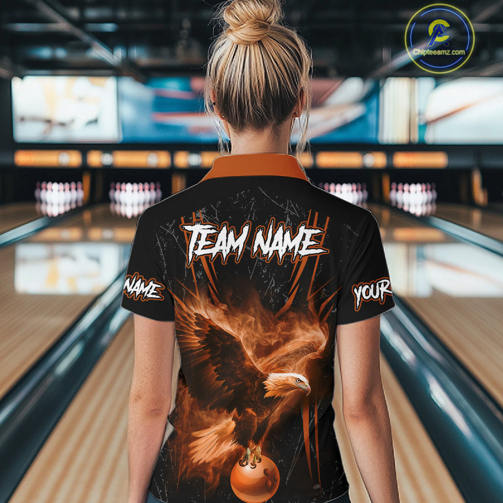 Personalized Black And Orange Flame Eagle Bowling Shirt Custom Bowling League Team Jersey