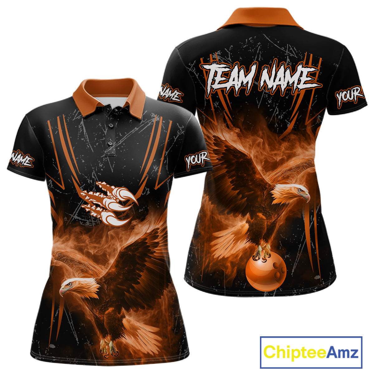 Personalized Black And Orange Flame Eagle Bowling Shirt Custom Bowling League Team Jersey