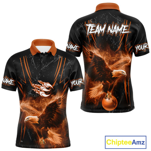 Personalized Black And Orange Flame Eagle Bowling Shirt Custom Bowling League Team Jersey