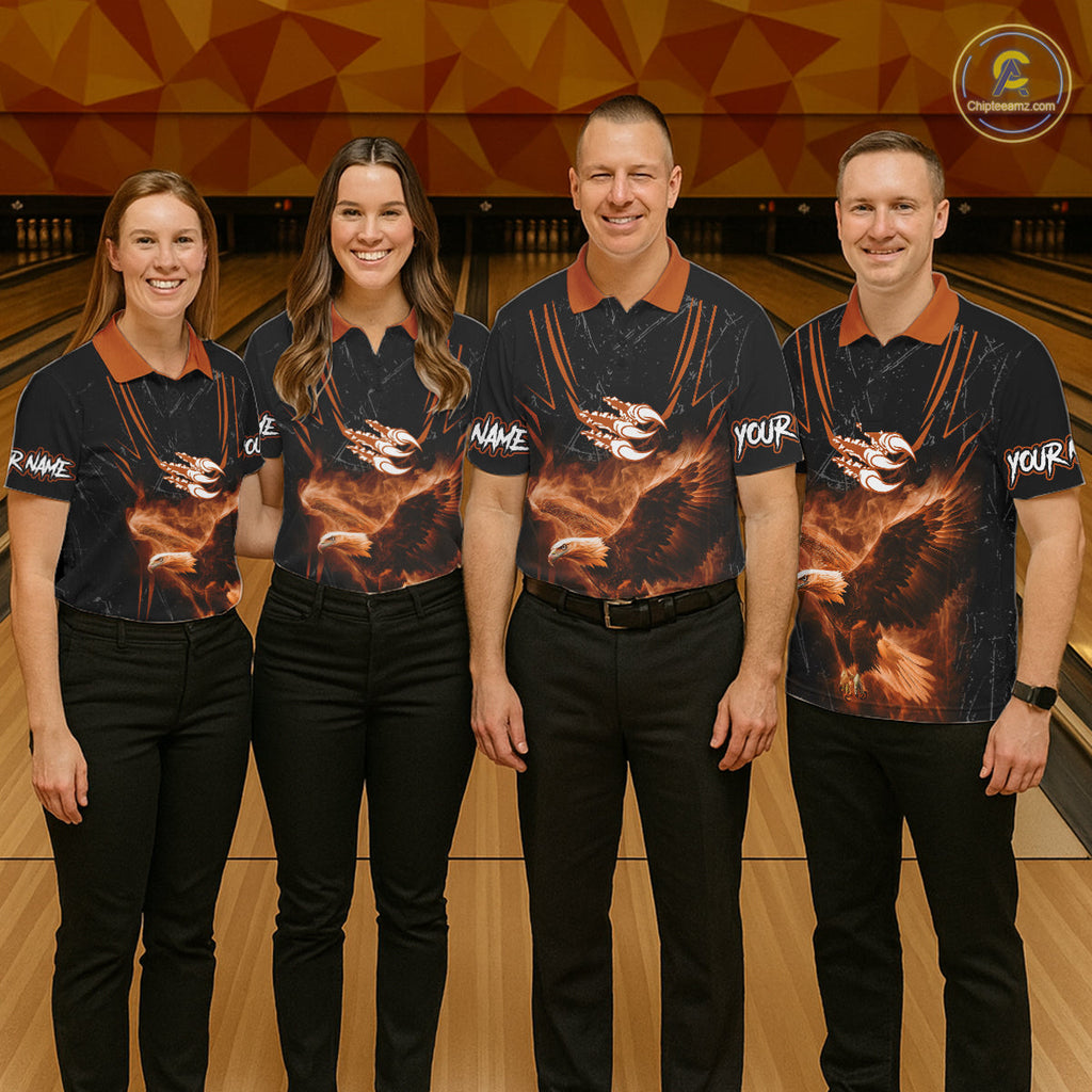 Personalized Black And Orange Flame Eagle Bowling Shirt Custom Bowling League Team Jersey