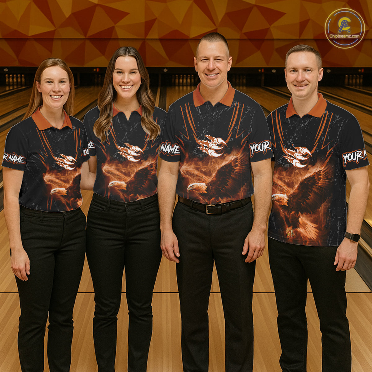 Personalized Black And Orange Flame Eagle Bowling Shirt Custom Bowling League Team Jersey