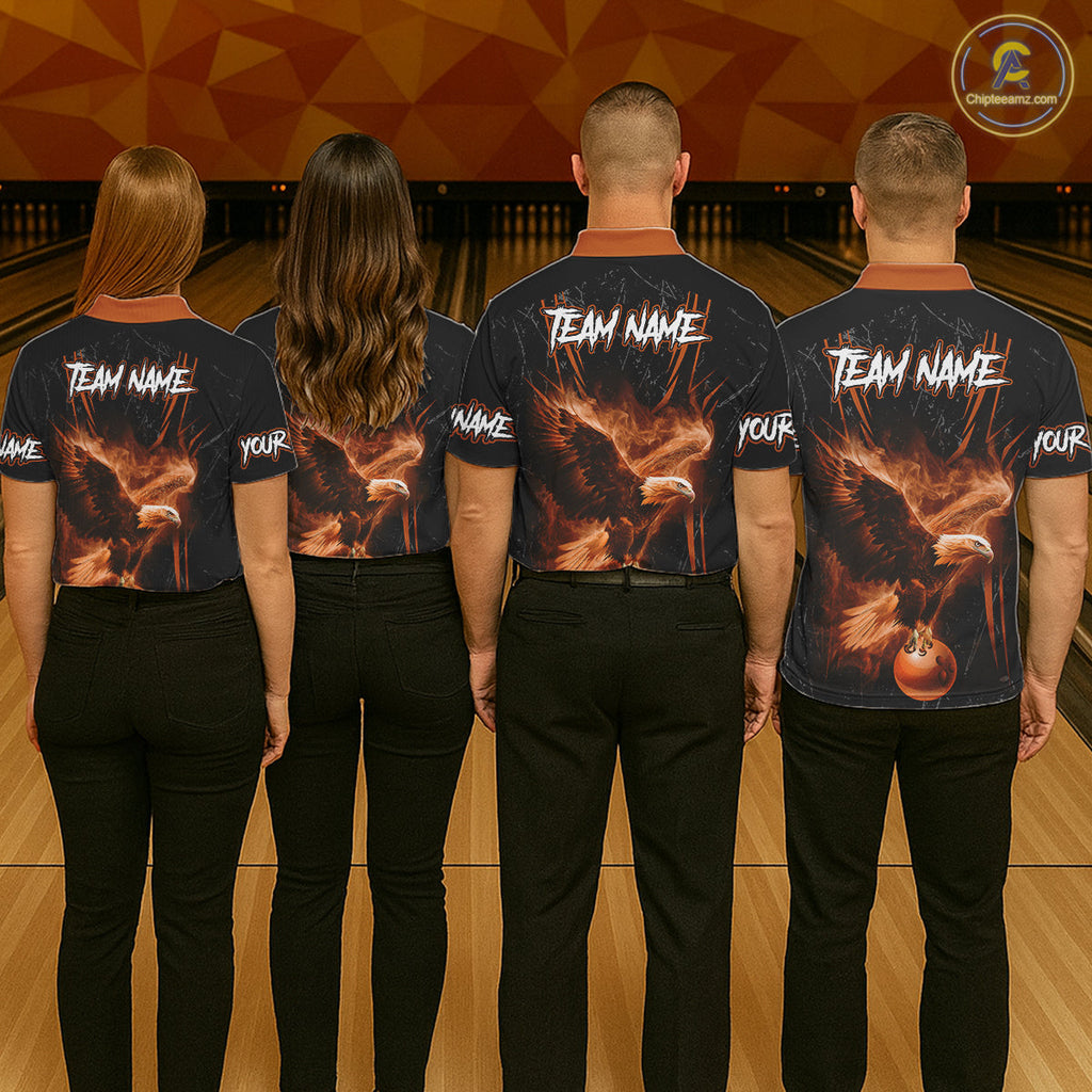 Personalized Black And Orange Flame Eagle Bowling Shirt Custom Bowling League Team Jersey