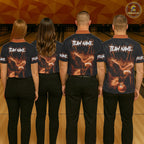 Personalized Black And Orange Flame Eagle Bowling Shirt Custom Bowling League Team Jersey