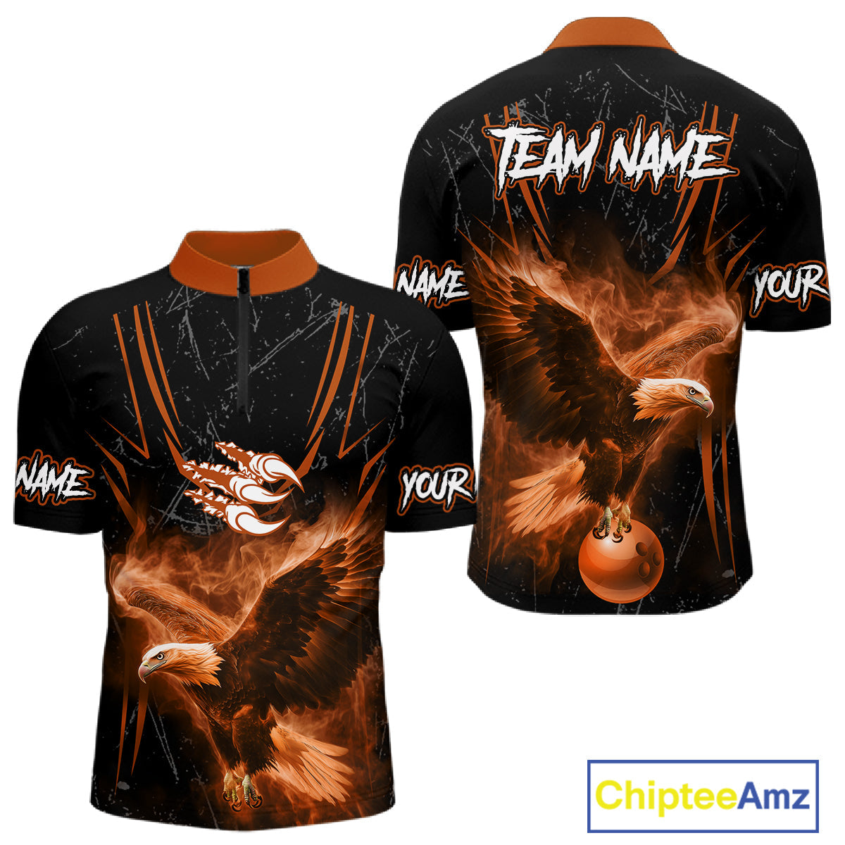 Personalized Black And Orange Flame Eagle Bowling Shirt Custom Bowling League Team Jersey