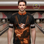 Personalized Black And Orange Flame Eagle Bowling Shirt Custom Bowling League Team Jersey