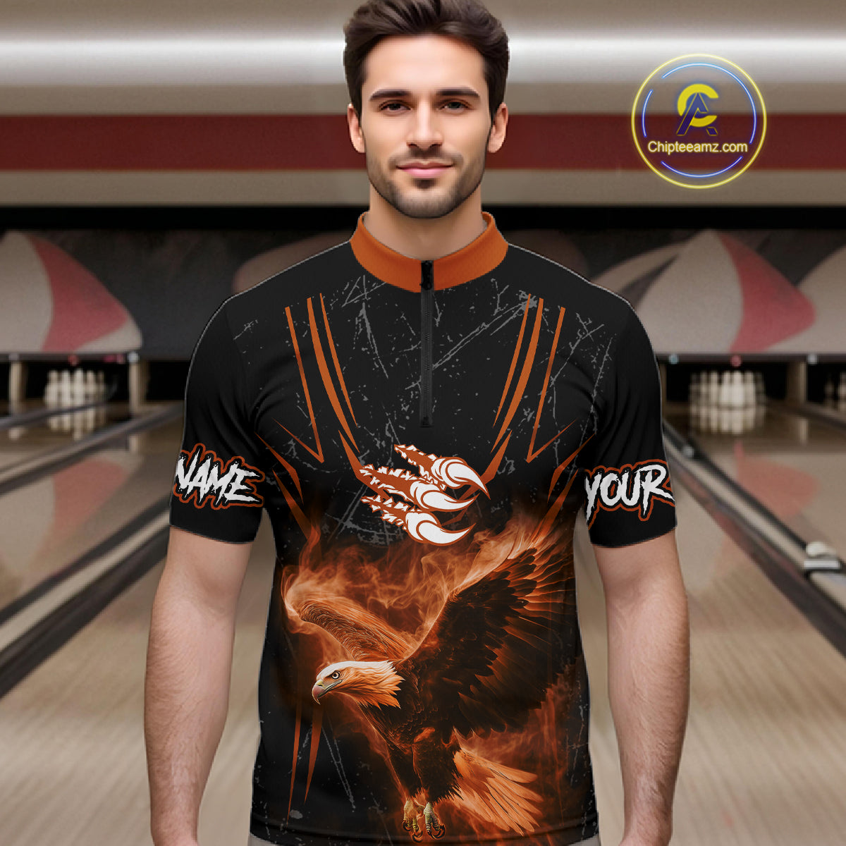 Personalized Black And Orange Flame Eagle Bowling Shirt Custom Bowling League Team Jersey