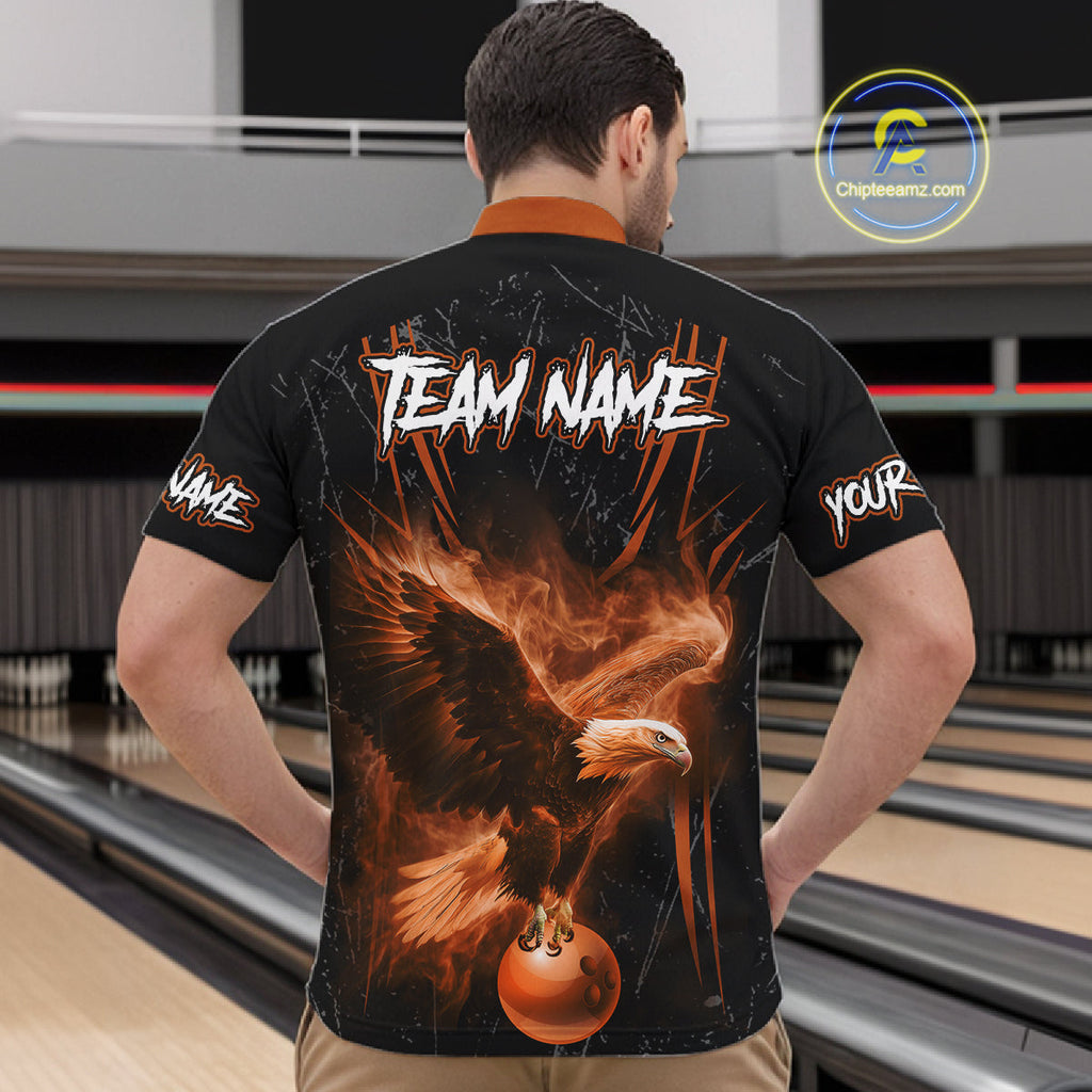 Personalized Black And Orange Flame Eagle Bowling Shirt Custom Bowling League Team Jersey