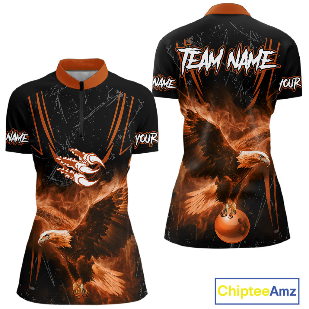 Personalized Black And Orange Flame Eagle Bowling Shirt Custom Bowling League Team Jersey