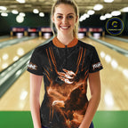 Personalized Black And Orange Flame Eagle Bowling Shirt Custom Bowling League Team Jersey
