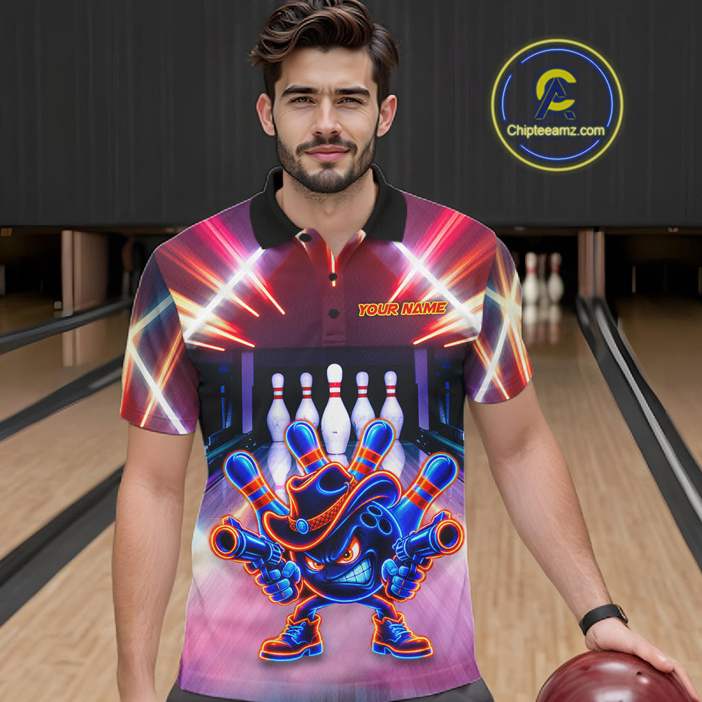 Funny Flame Neon Cowboy Bowling Shirts Custom Bowling Team Jersey Polo & Quarter Zip