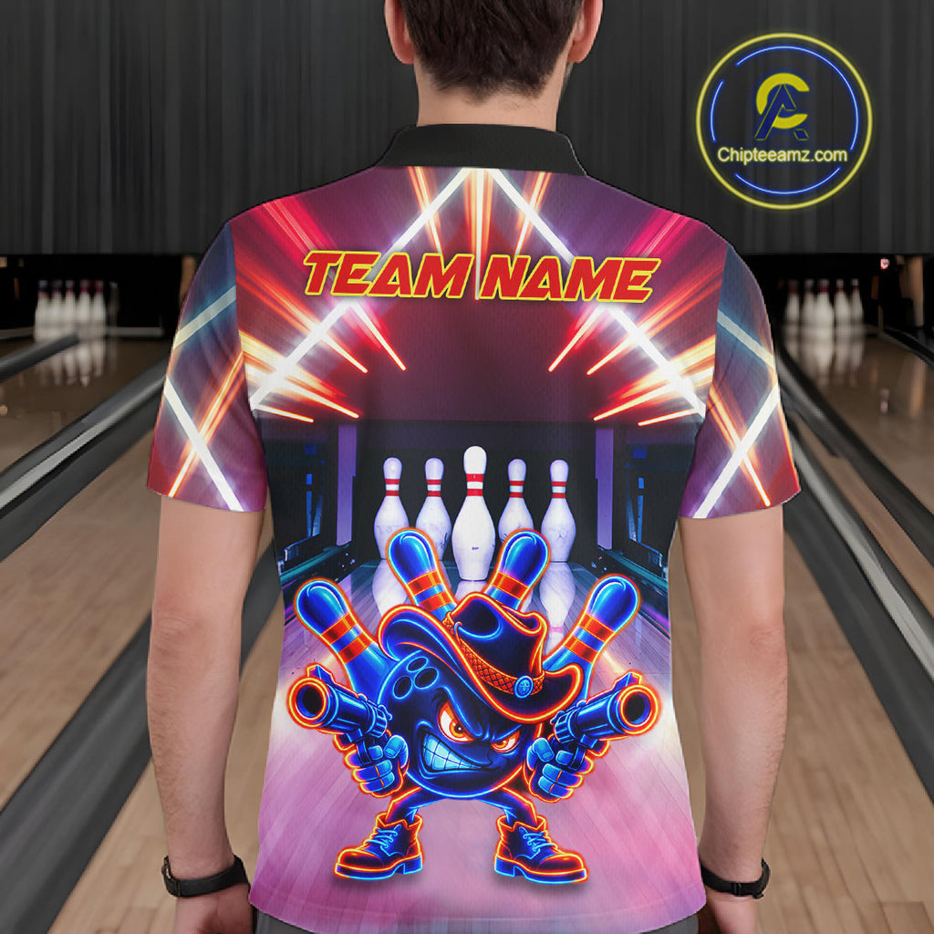Funny Flame Neon Cowboy Bowling Shirts Custom Bowling Team Jersey Polo & Quarter Zip