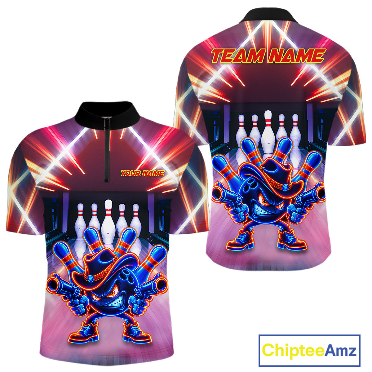 Funny Flame Neon Cowboy Bowling Shirts Custom Bowling Team Jersey Polo & Quarter Zip