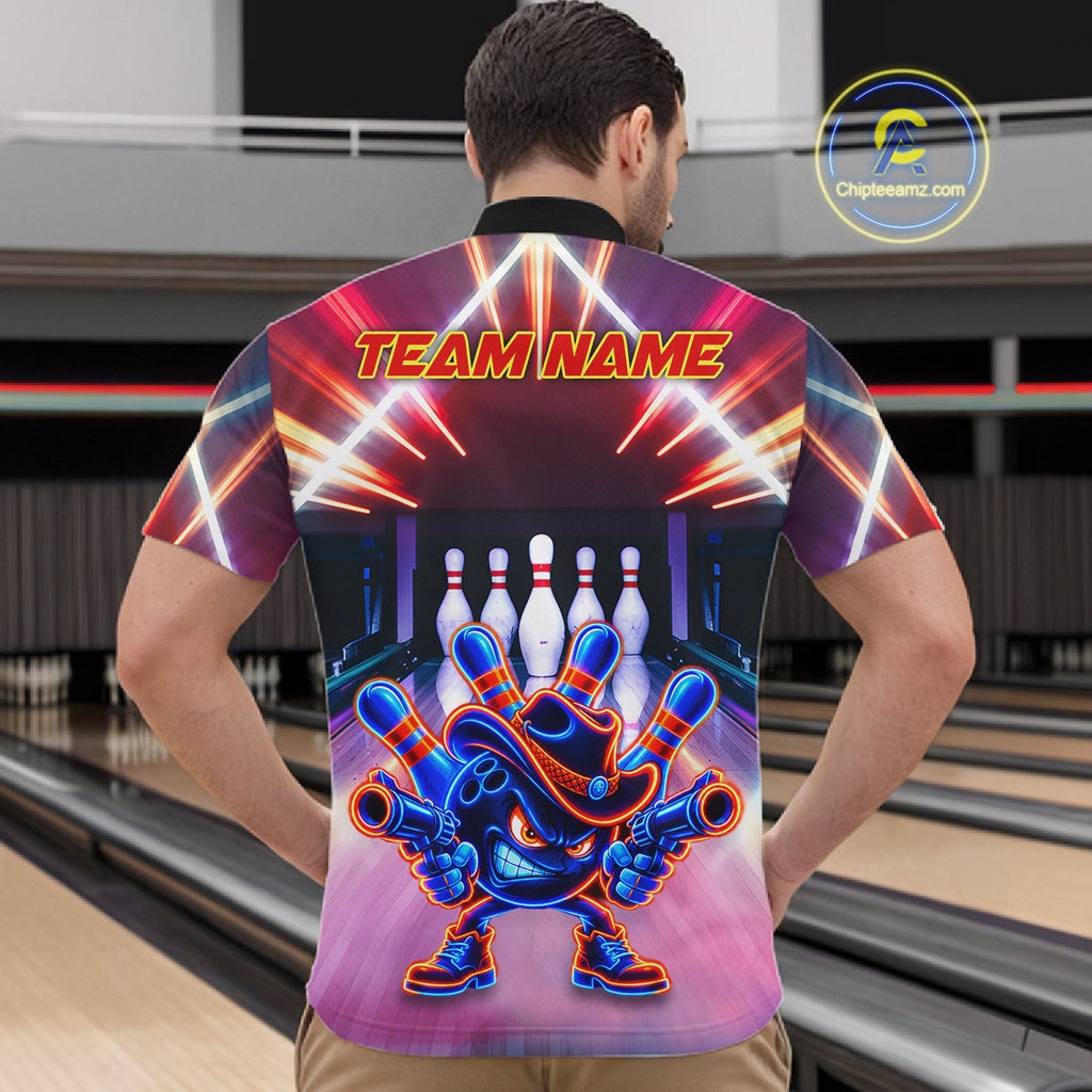 Funny Flame Neon Cowboy Bowling Shirts Custom Bowling Team Jersey Polo & Quarter Zip