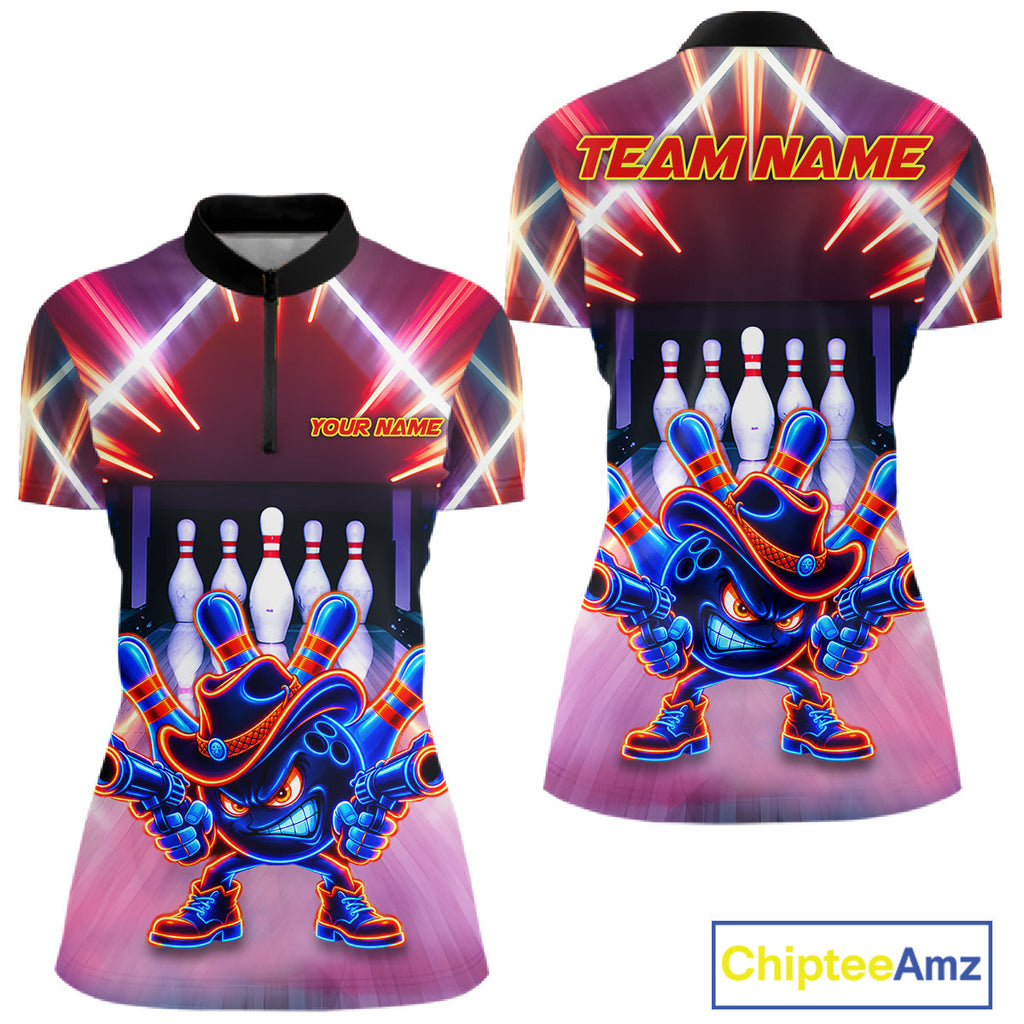 Funny Flame Neon Cowboy Bowling Shirts Custom Bowling Team Jersey Polo & Quarter Zip