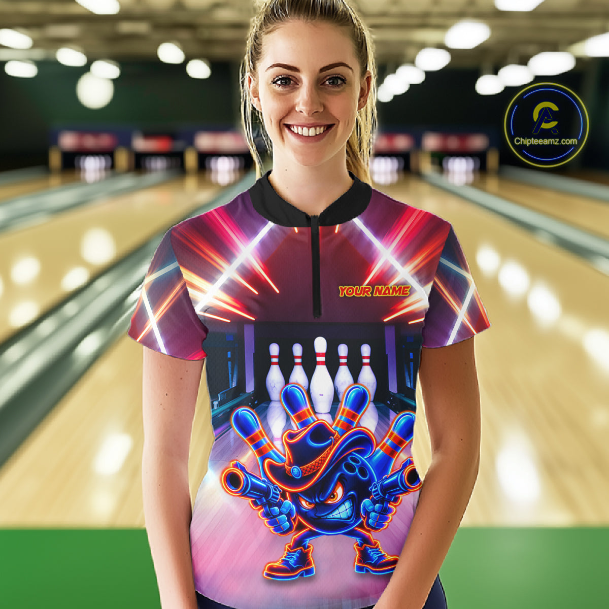 Funny Flame Neon Cowboy Bowling Shirts Custom Bowling Team Jersey Polo & Quarter Zip