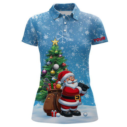 Funny 3D Santa Christmas Pine Tree Blue Golf Polo Shirts Custom Golf Christmas Gifts For Golfer