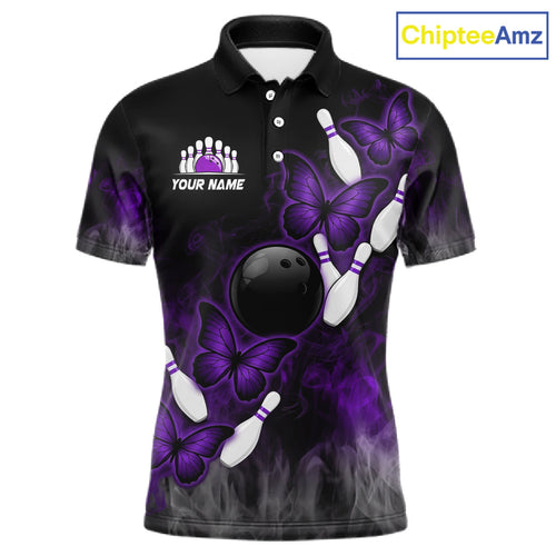 Black And Purple Custom Butterfly Bowling Shirt, Bowling Team Jersey Polo & 1/4 Zip Shirt
