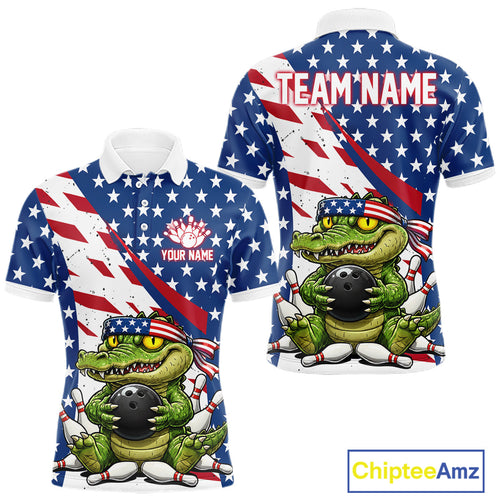 Funny Alligator American Flag Bowling Shirts Custom Patriotic Bowling Jersey Polo & 1/4 Zip