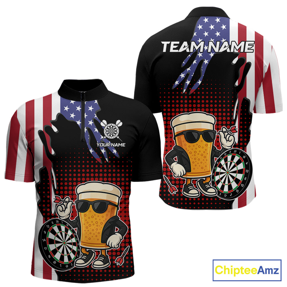 American Flag Funny Beer Darts Shirts Custom Patriotic Darts Team Jersey Polo & 1/4 Zip