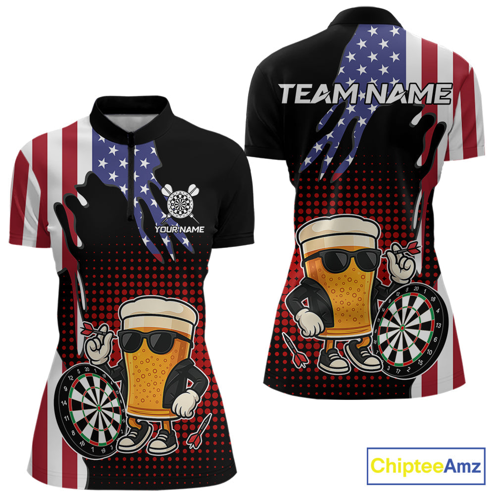 American Flag Funny Beer Darts Shirts Custom Patriotic Darts Team Jersey Polo & 1/4 Zip