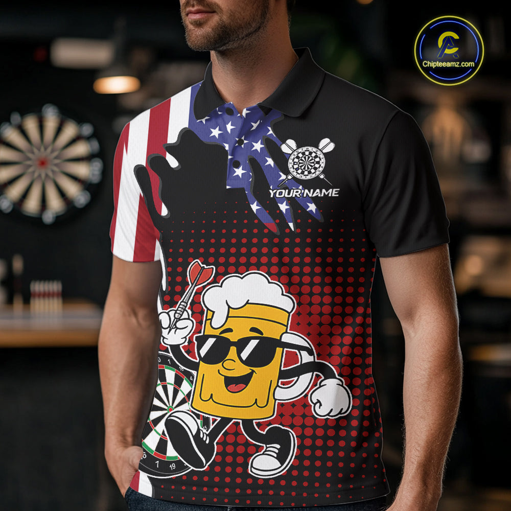 Custom Funny Beer American Flag Darts Shirts, Patriotic Darts Team Jersey Polo & 1/4 Zip