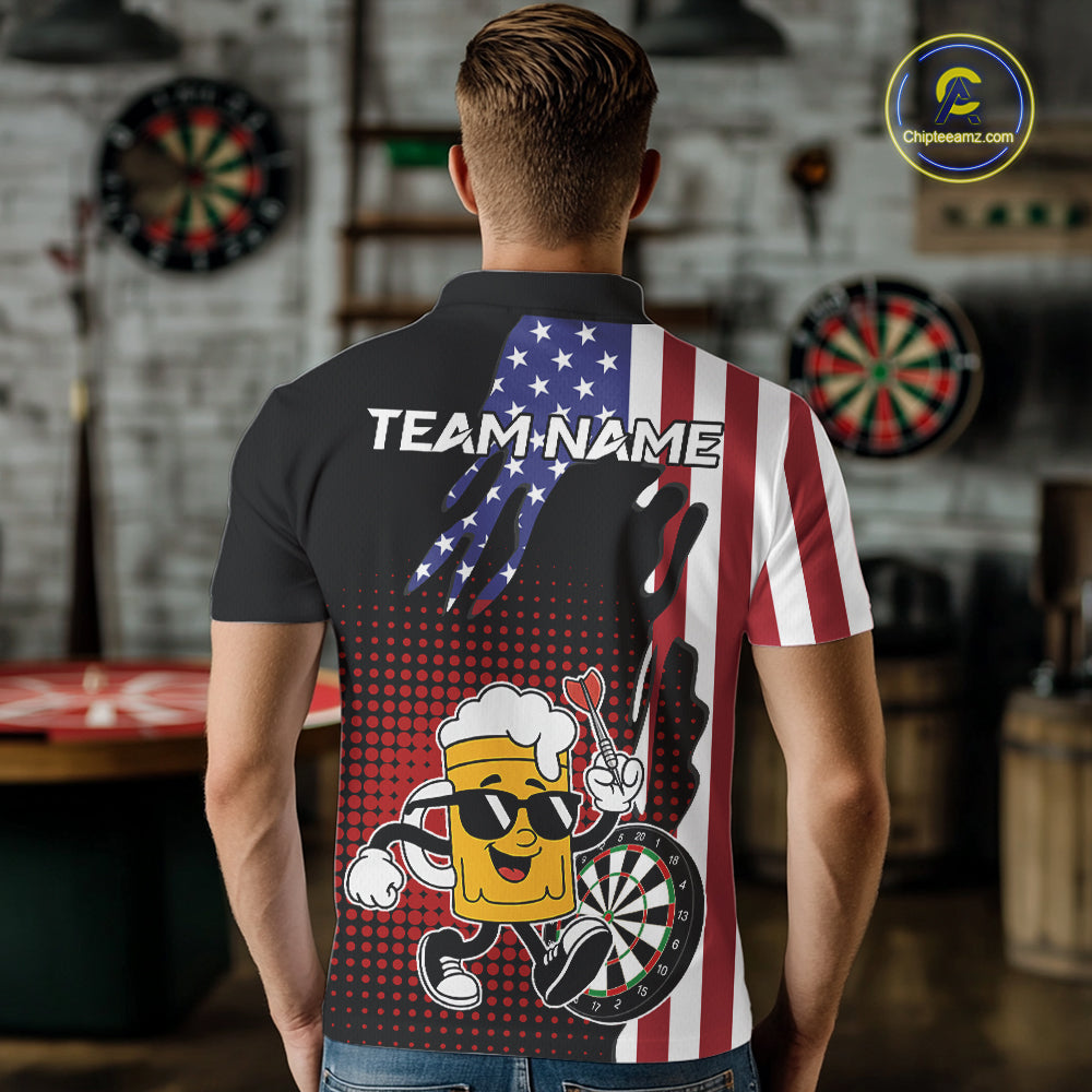 Custom Funny Beer American Flag Darts Shirts, Patriotic Darts Team Jersey Polo & 1/4 Zip