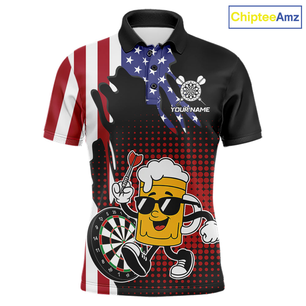 Custom Funny Beer American Flag Darts Shirts, Patriotic Darts Team Jersey Polo & 1/4 Zip