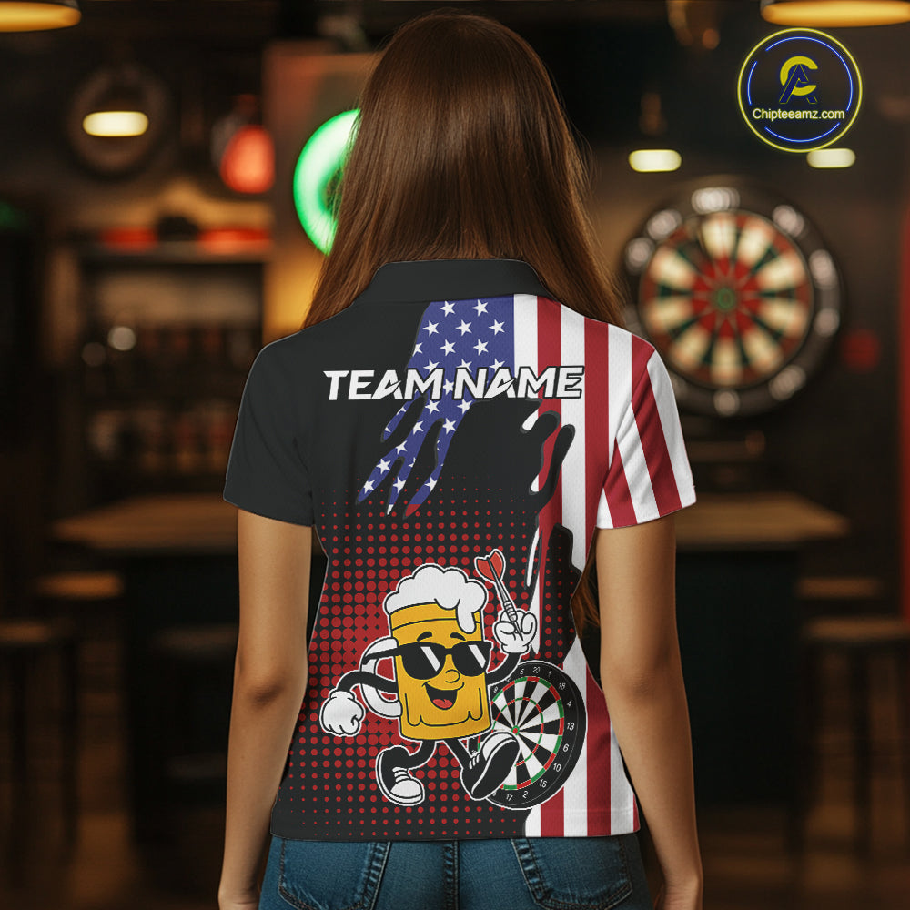 Custom Funny Beer American Flag Darts Shirts, Patriotic Darts Team Jersey Polo & 1/4 Zip