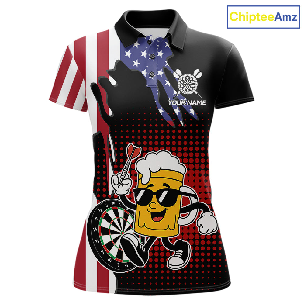 Custom Funny Beer American Flag Darts Shirts, Patriotic Darts Team Jersey Polo & 1/4 Zip