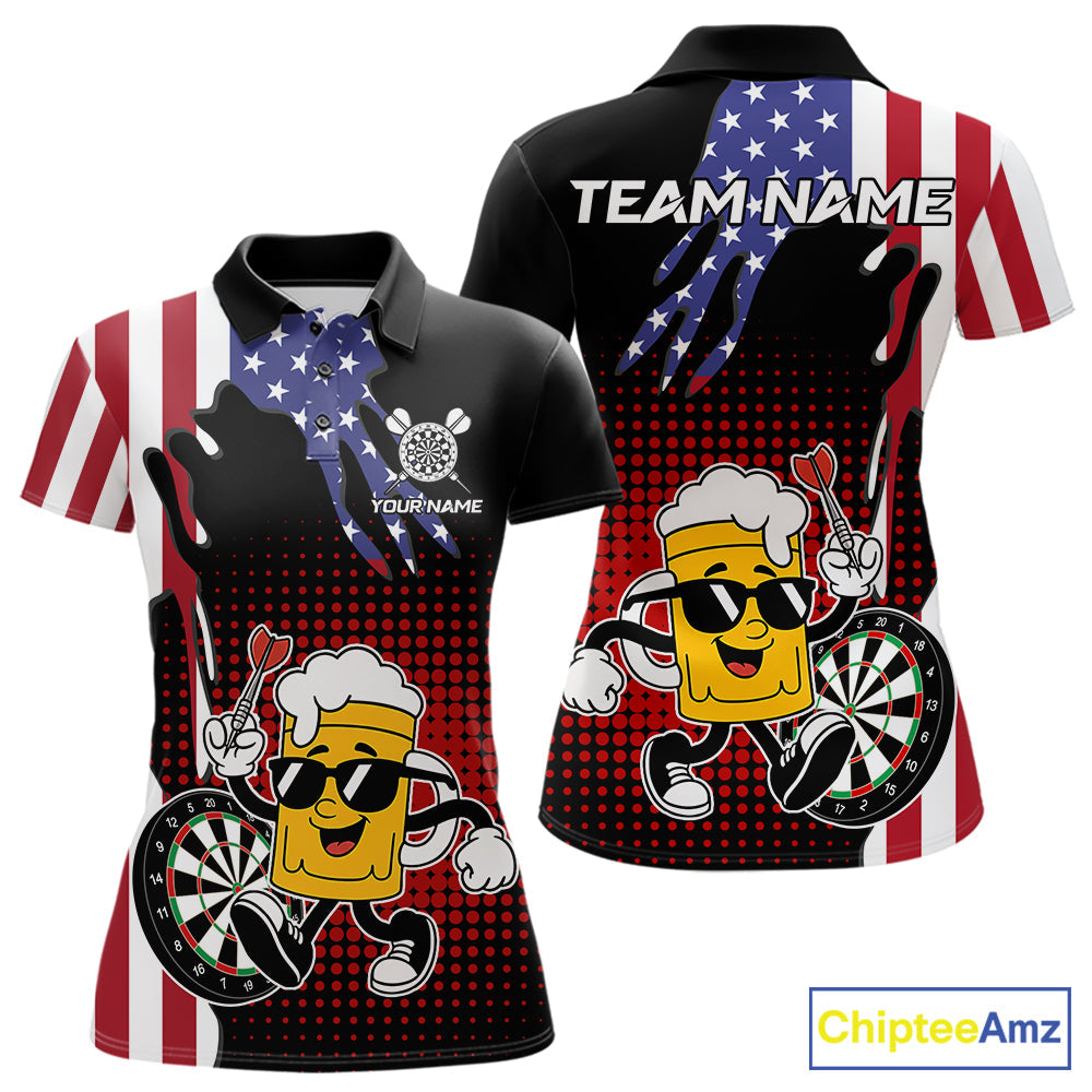 Custom Funny Beer American Flag Darts Shirts, Patriotic Darts Team Jersey Polo & 1/4 Zip