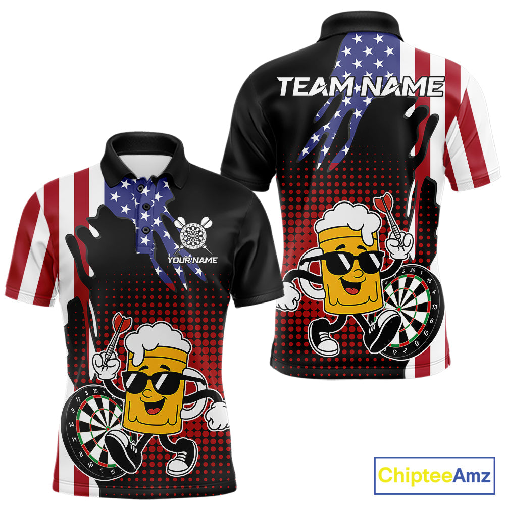 Custom Funny Beer American Flag Darts Shirts, Patriotic Darts Team Jersey Polo & 1/4 Zip