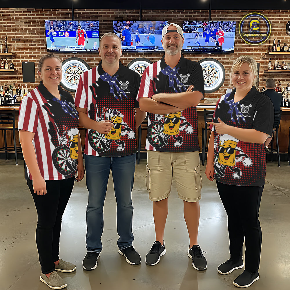 Custom Funny Beer American Flag Darts Shirts, Patriotic Darts Team Jersey Polo & 1/4 Zip