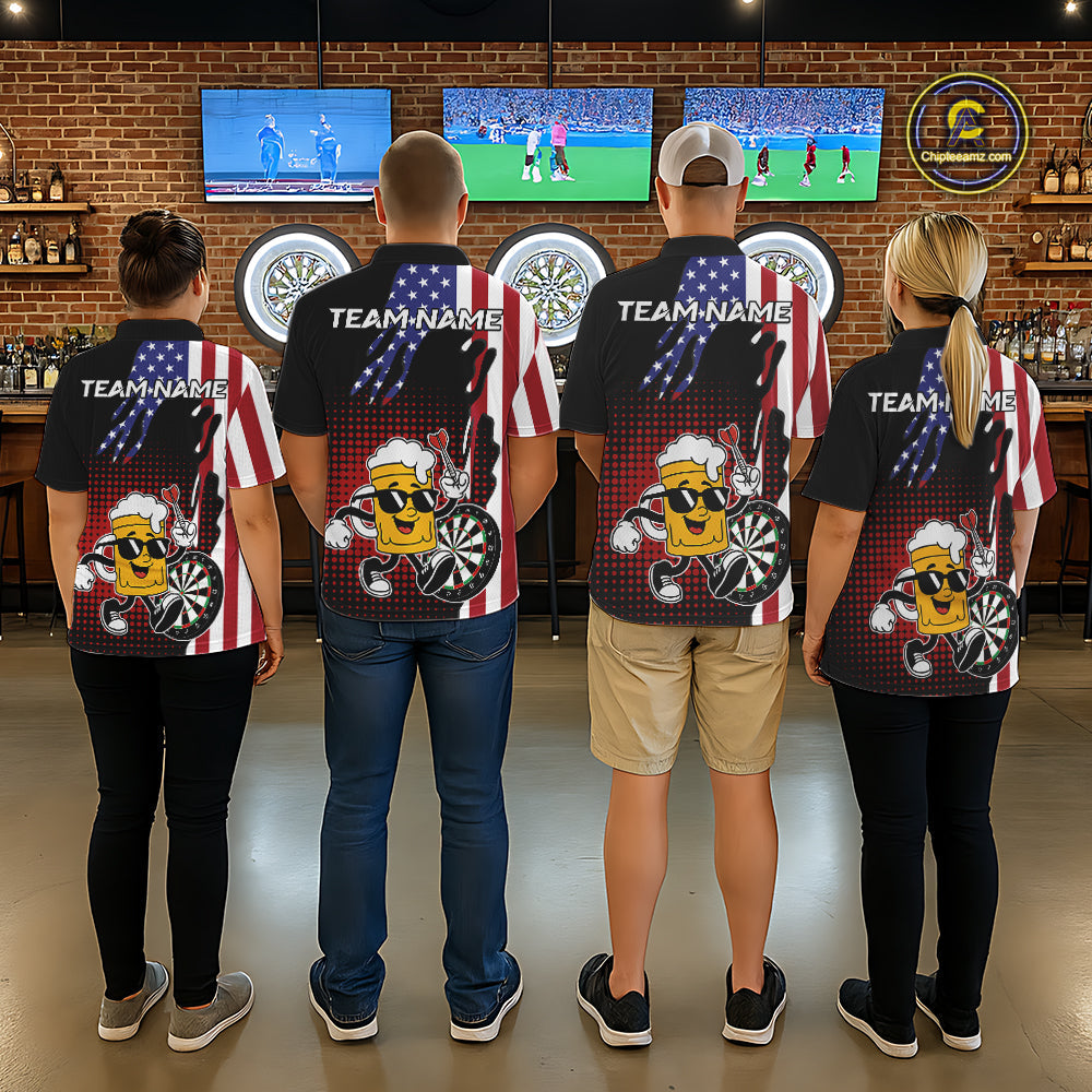 Custom Funny Beer American Flag Darts Shirts, Patriotic Darts Team Jersey Polo & 1/4 Zip