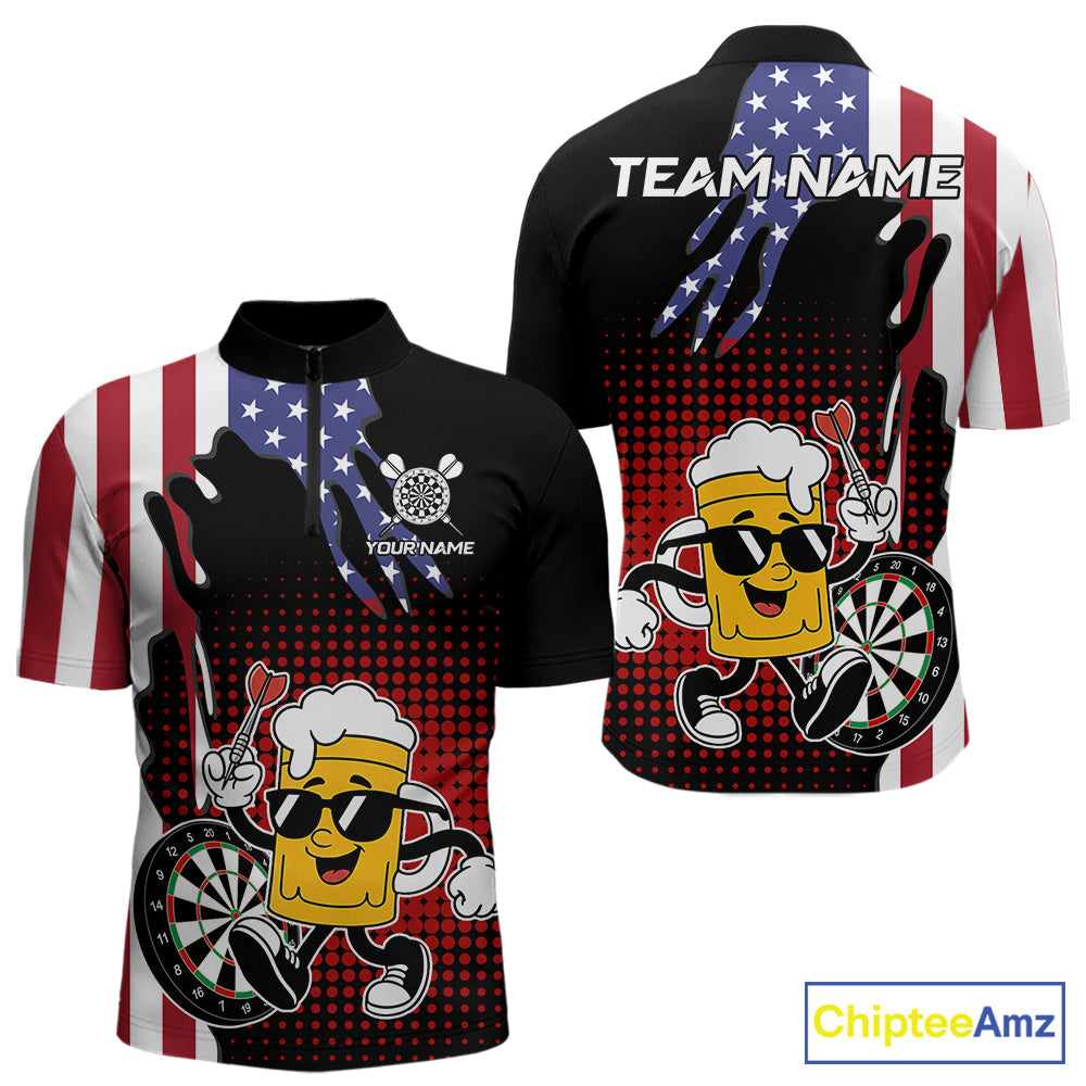 Custom Funny Beer American Flag Darts Shirts, Patriotic Darts Team Jersey Polo & 1/4 Zip