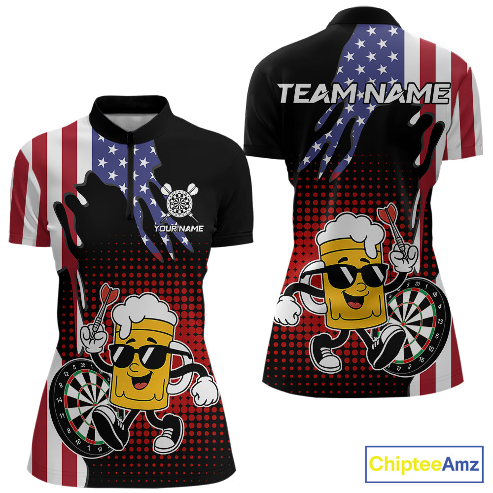 Custom Funny Beer American Flag Darts Shirts, Patriotic Darts Team Jersey Polo & 1/4 Zip