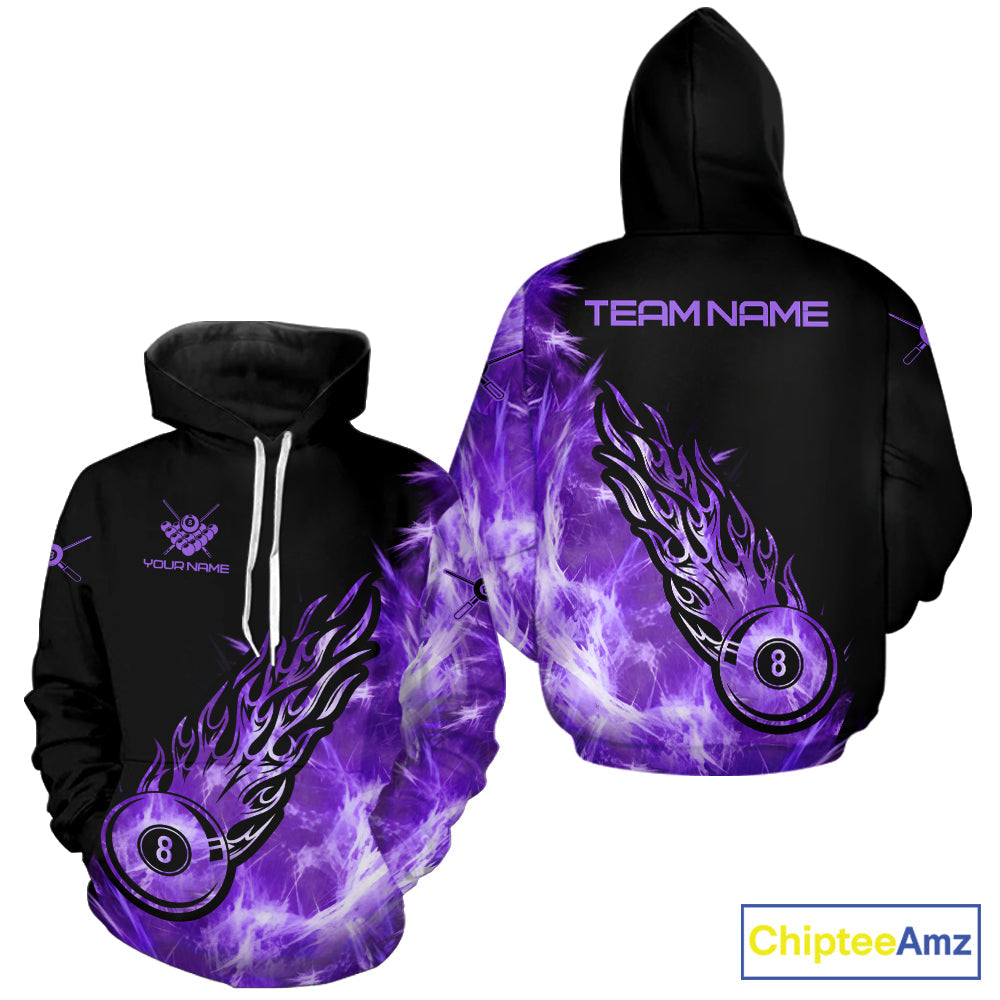 Black And Purple Flaming Icy 8 Ball Pool Hoodie And Custom Billiard Hoodie Team Shirt