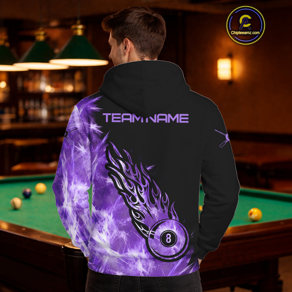 Black And Purple Flaming Icy 8 Ball Pool Hoodie And Custom Billiard Hoodie Team Shirt