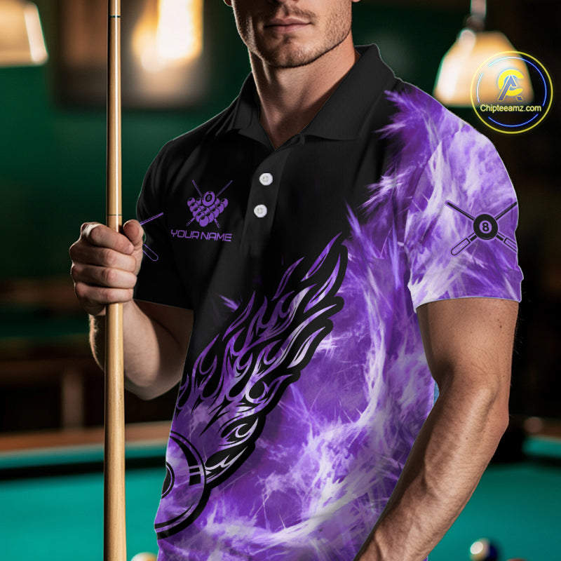 Black And Purple Flaming Icy 8 Ball Pool Billiard Shirt Custom Billiard Team Jersey