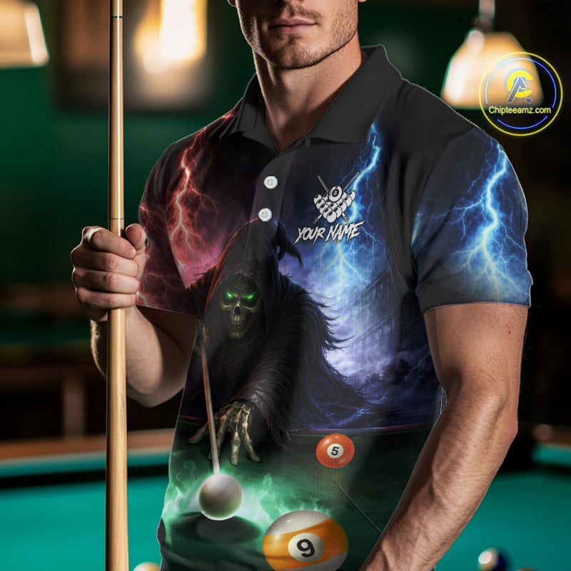 Funny Grim Reaper Lightning Billiard Shirt Custom Pool Balls Team Jersey Polo & 1/4 Zip