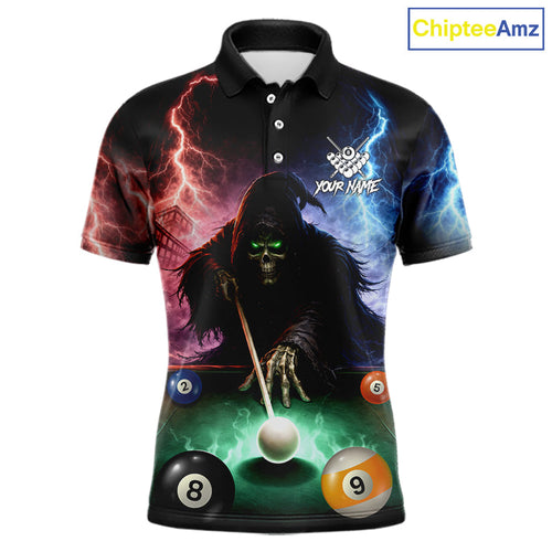 Funny Grim Reaper Lightning Billiard Shirt Custom Pool Balls Team Jersey Polo & 1/4 Zip