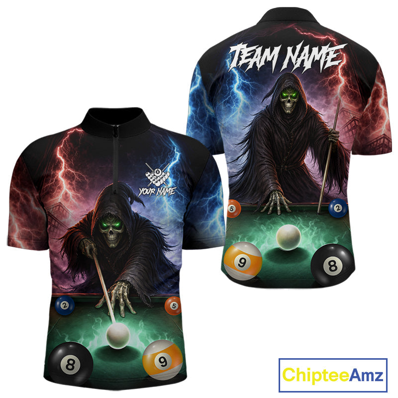 Funny Grim Reaper Lightning Billiard Shirt Custom Pool Balls Team Jersey Polo & 1/4 Zip