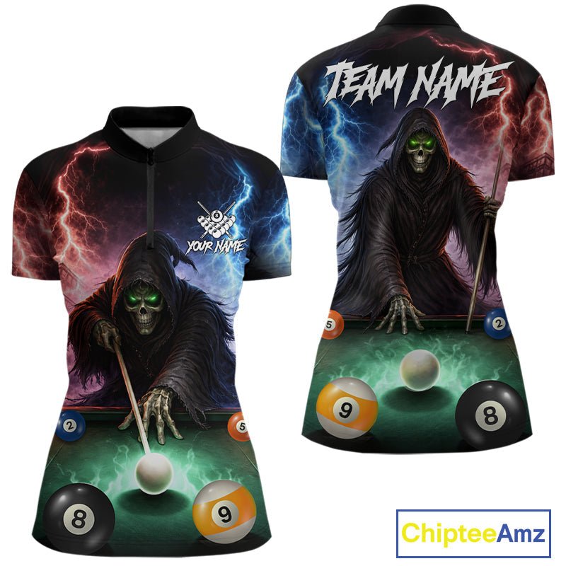 Funny Grim Reaper Lightning Billiard Shirt Custom Pool Balls Team Jersey Polo & 1/4 Zip