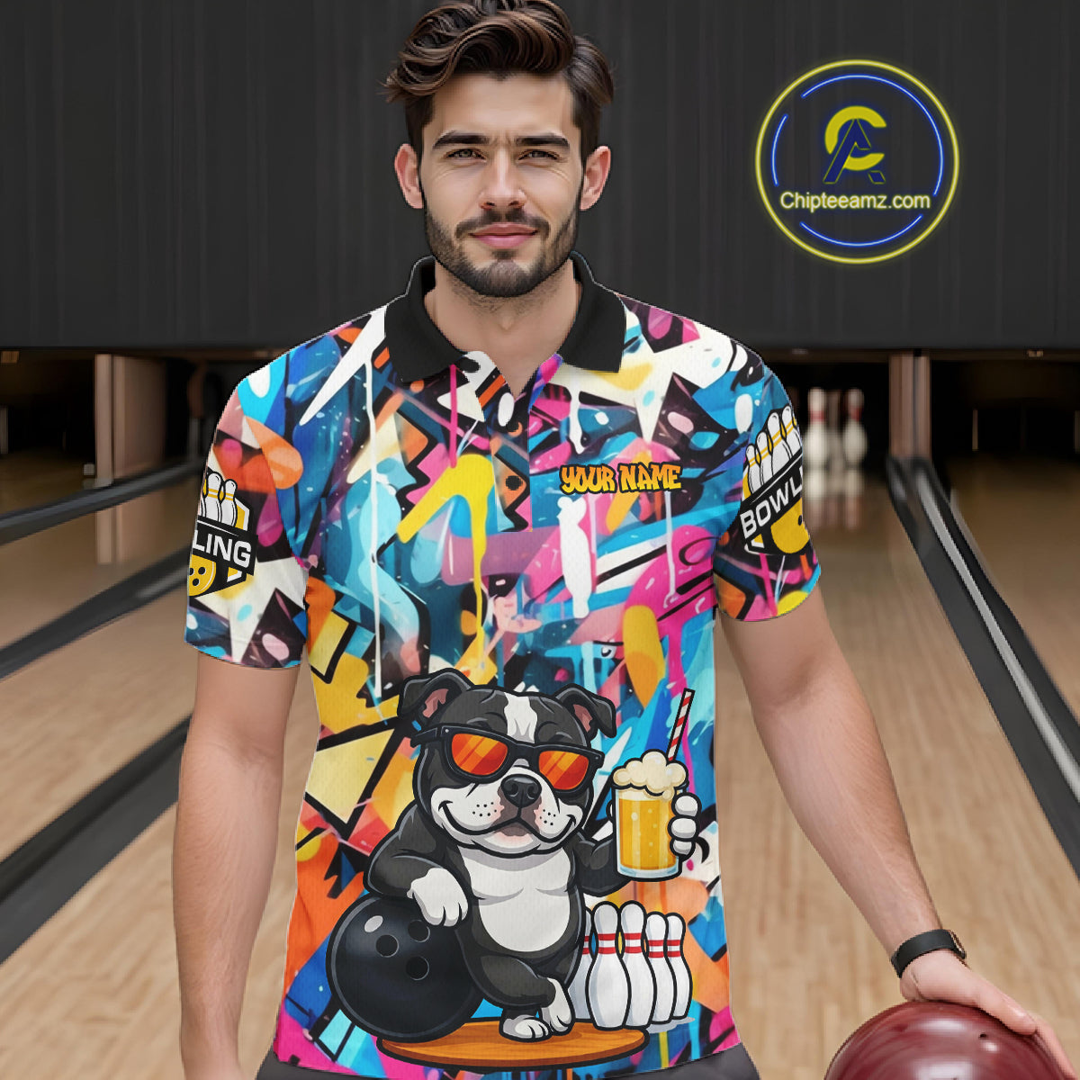 Funny American Bully Dog Colorful Graffiti Bowling Shirts Custom Bowling Team Jersey