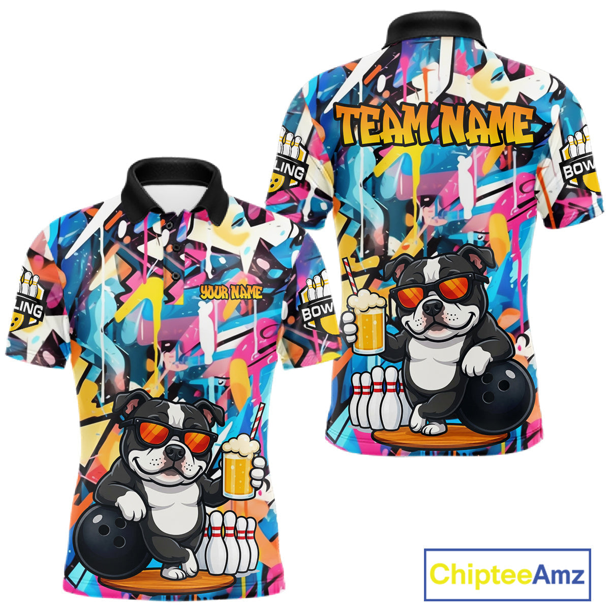 Funny American Bully Dog Colorful Graffiti Bowling Shirts Custom Bowling Team Jersey